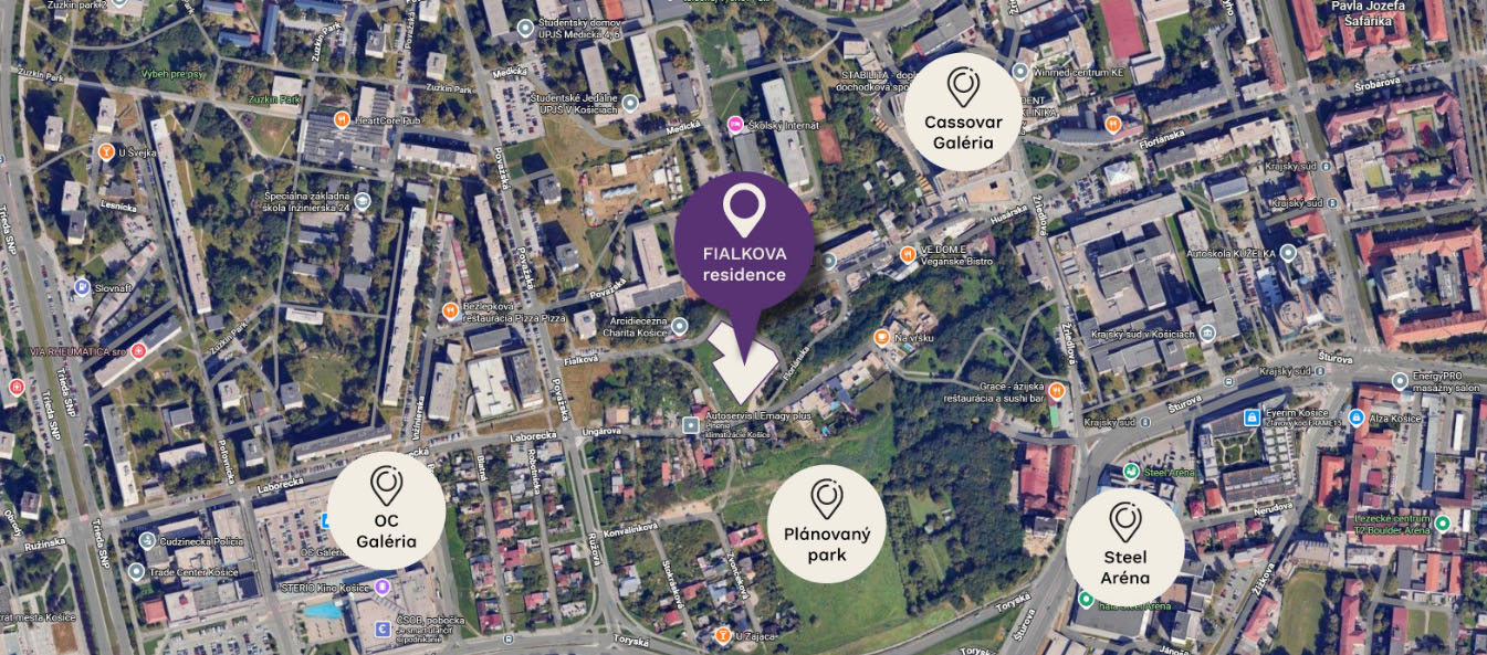 Mapa zobrazujúca okolie budovy, Cassovar Galéria, Steel Aréna, Plánovaný park, Obchodné centrum Galéria